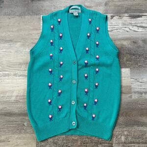 Vintage Izod Club Teal Knit Sweater Vest Floral Embroidered Button Front M